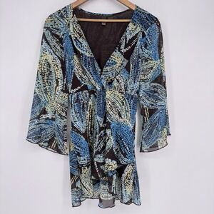 SereNade New York Sheer V-Neck Blouse Bell Sleeve Blue Abstract Boho Large